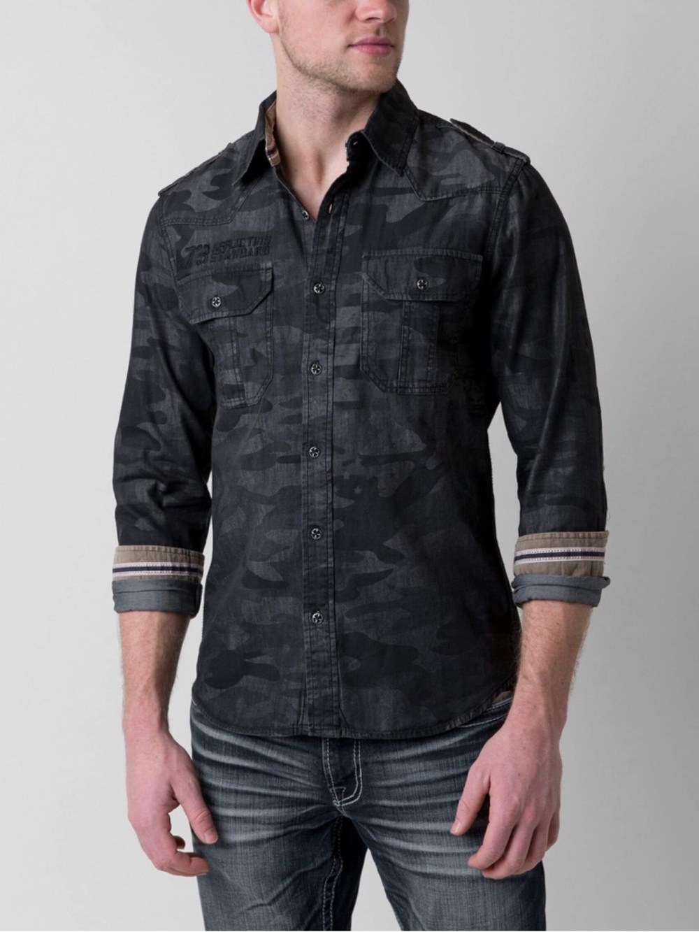 Affliction Men's Black Camouflage Button-Down Shirt